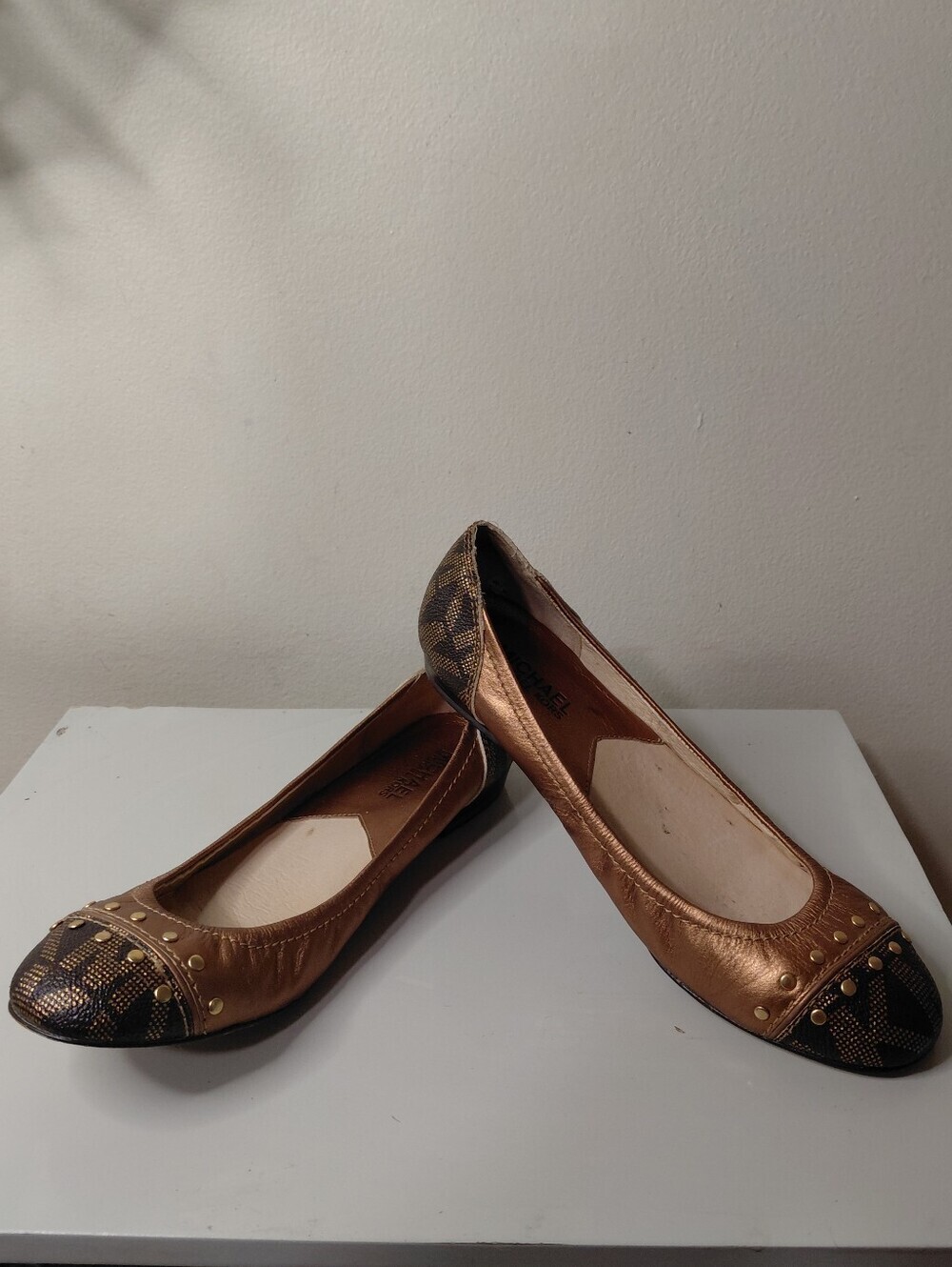 Michael Kors Bronze And Brown MK logo Studded Ballet Flats Size 7 M